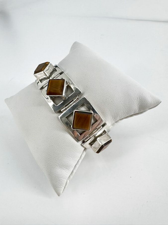 TAXCO MEXICAN STERLING SILVER Tigers Eye Mid-Century Bracelet