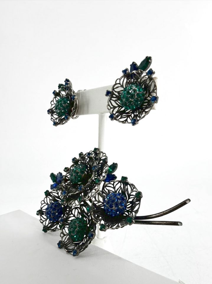VENDOME Green & Black Mesh Wire Flower Brooch & Earring Set