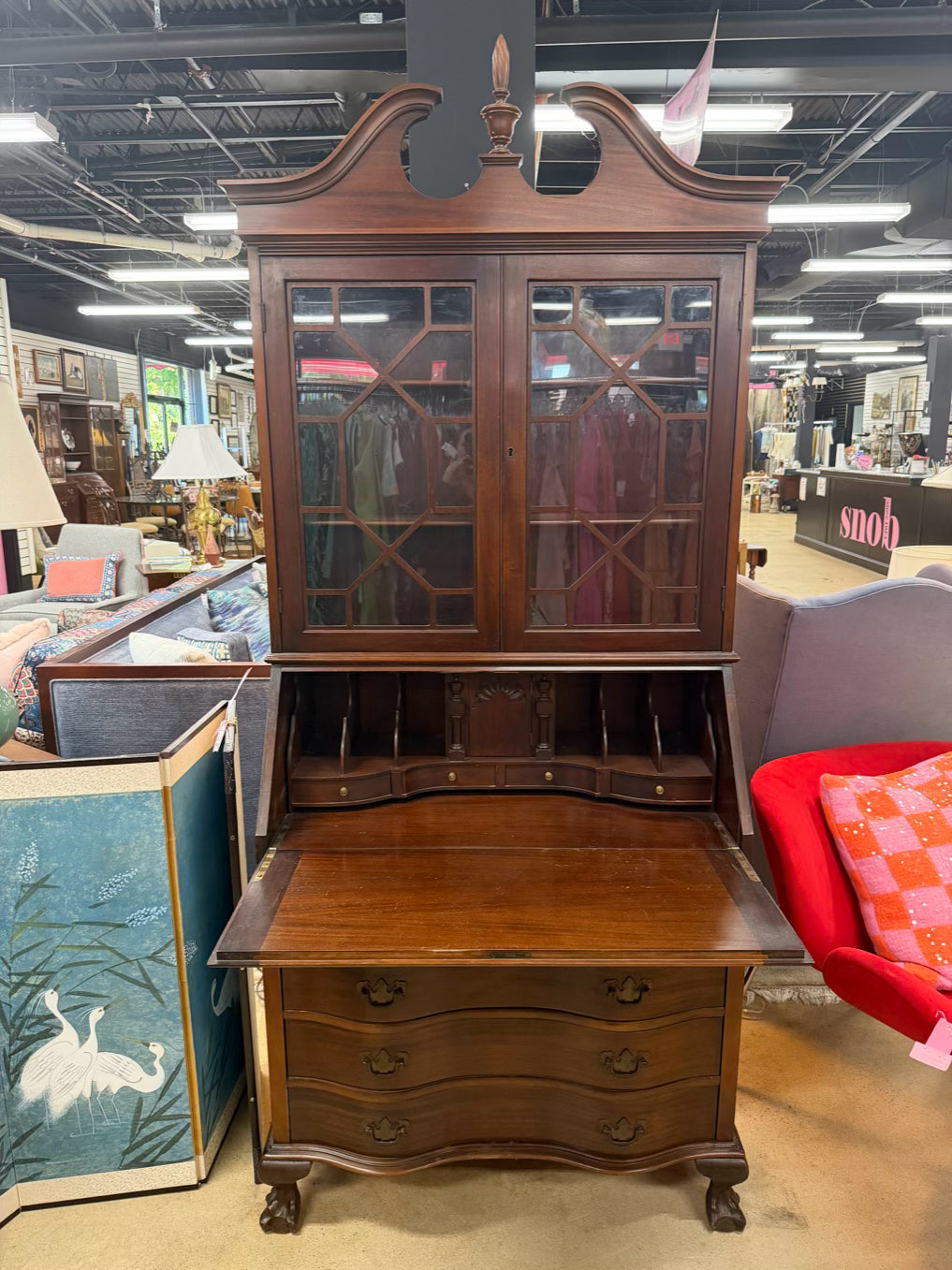 VINTAGE Dark Mahogany Secretary w/ Bookcase Top & Glass Doors