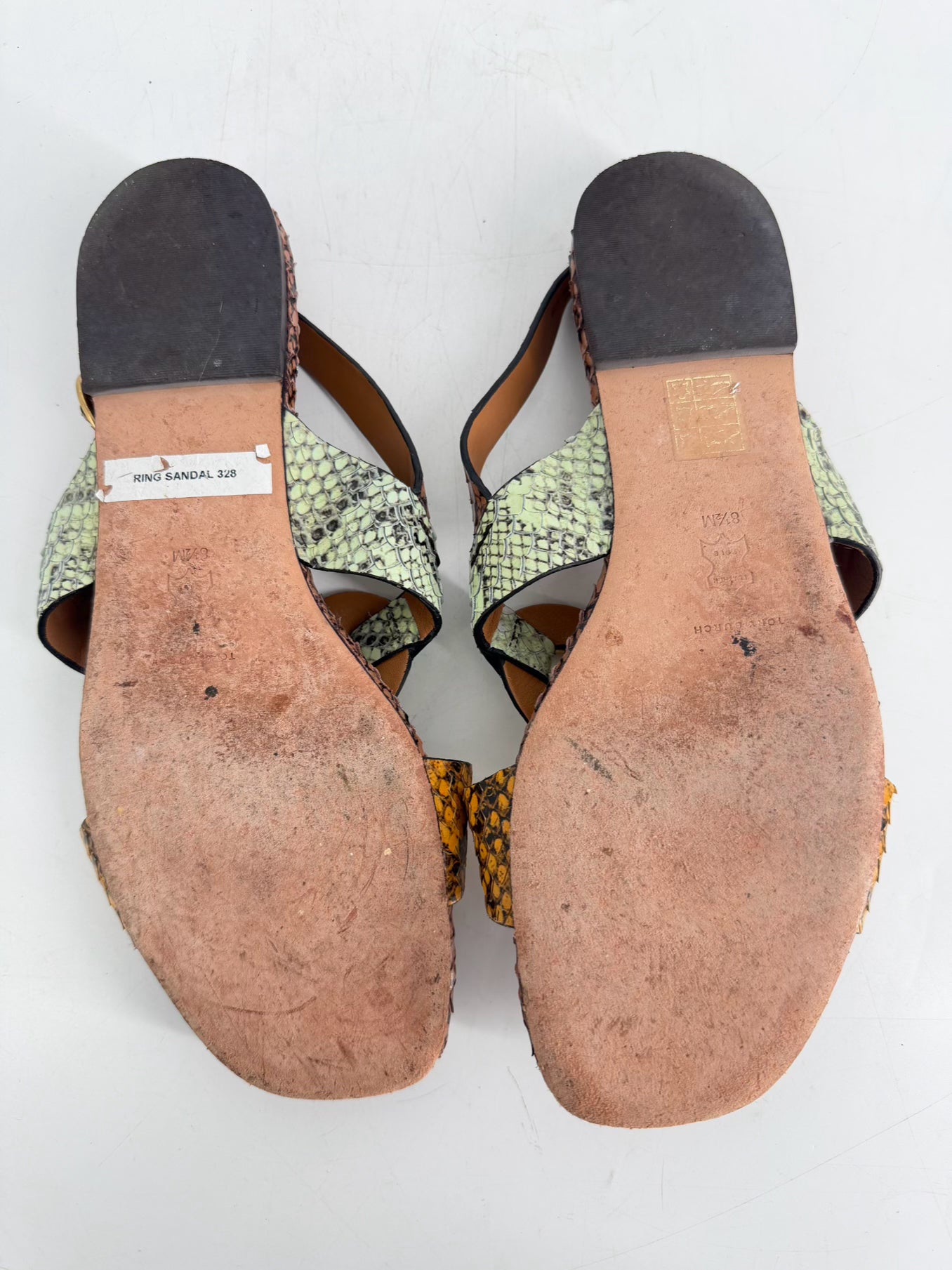 TORY BURCH Size 8.5 Brown, Mint & Orange Leather Animal Print Sandals