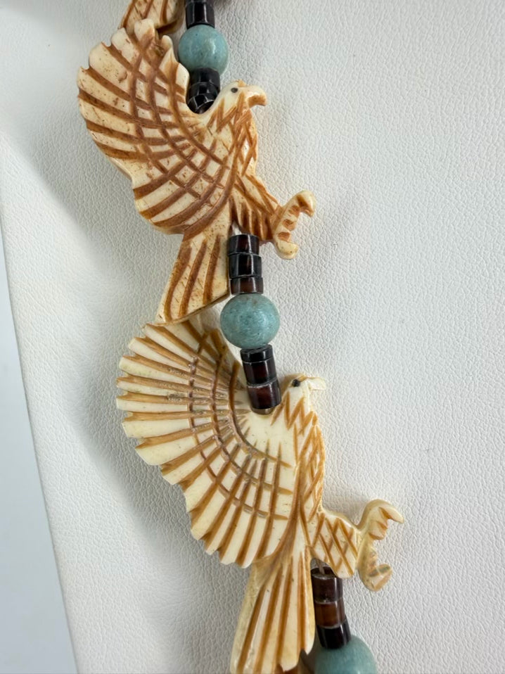 NATIVE AMERICAN White Bone & Turquoise Eagle Necklace