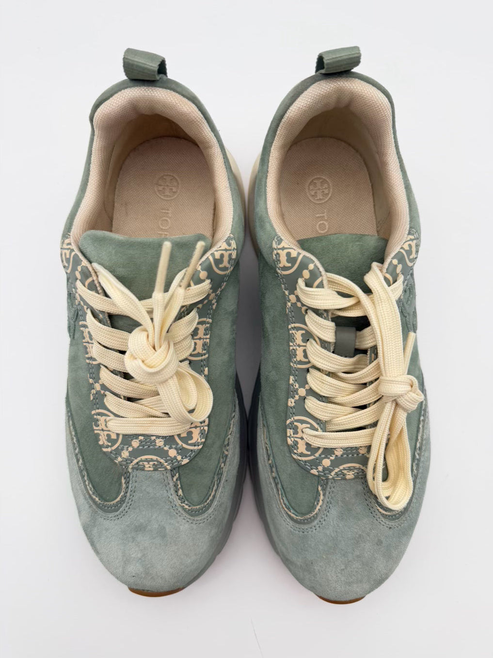 TORY BURCH WMNS Size 8.5 Teal & White Leather Monogram Sneakers