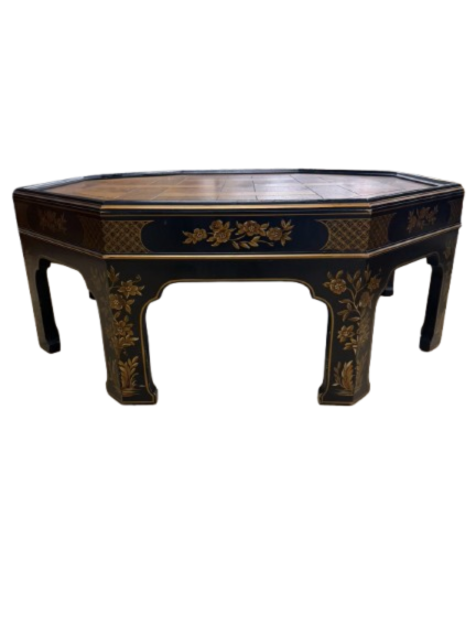 BAKER Black, Gold & Natural Octagon Wood Coffee Table