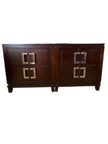 Dark Wood Pair of End Tables w/ Silver Metal Handles