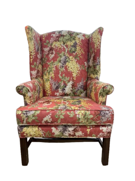 Salmon, Green & Yellow Floral Wing Back Chair