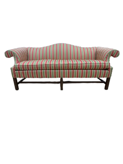 Salmon, Green & Yellow Striped Chippendale Sofa