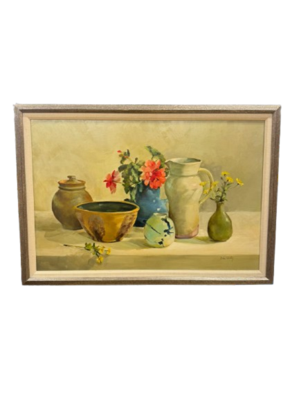 SIGNED DELLA ROBERTS Still Life Painting In Brown Frame