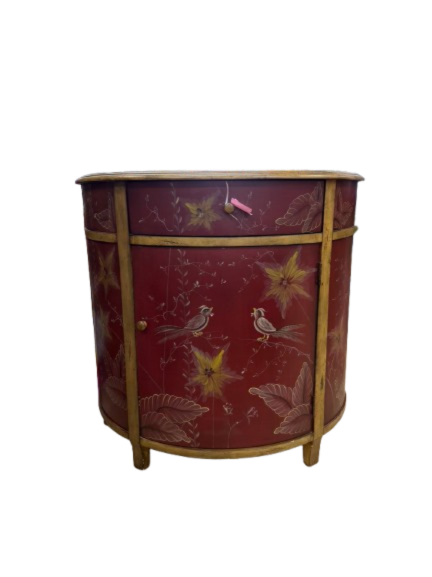 Red & Gold Demilune Birds Cabinet w/ Drawer