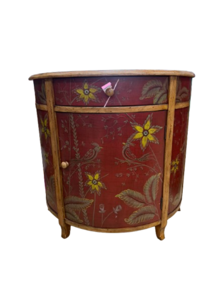 Red & Gold Demilune Birds Cabinet w/ Drawer