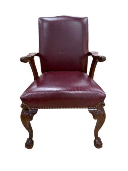 VINTAGE Red Queen Ann Wood Chair w/ Leather Upholstery