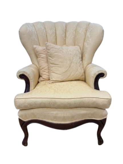 VINTAGE Yellow Damask Fan Back Chair w/ 2 Throw Pillows