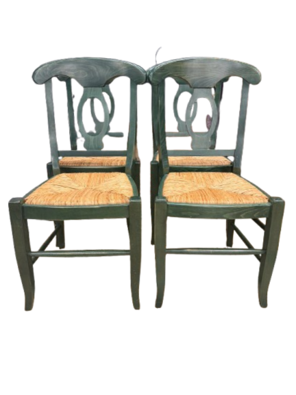 POTTERY BARN Green Wood Set of 4 Chairs w/ Rush Seats