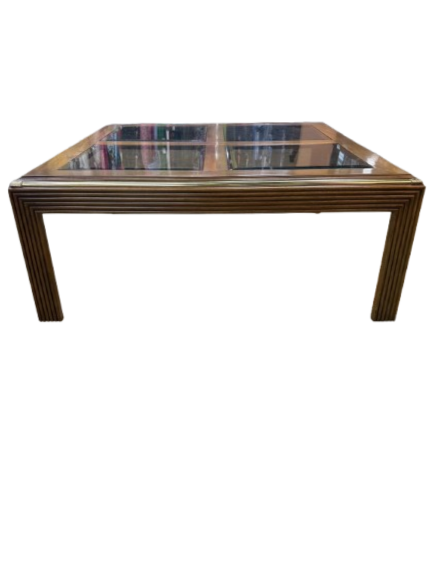 HOLLYWOOD REGENCY Medium Brown Wood & Glass Coffee Table w/ Brass Accents