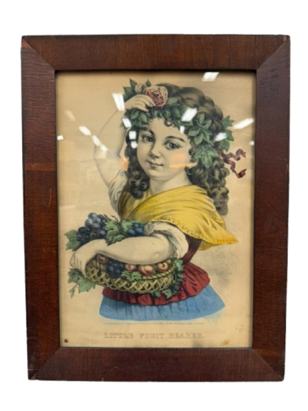 CURRIER & IVES Hand Colored Little Fruit Bearer Lithograph In ANTIQUE Brown Frame