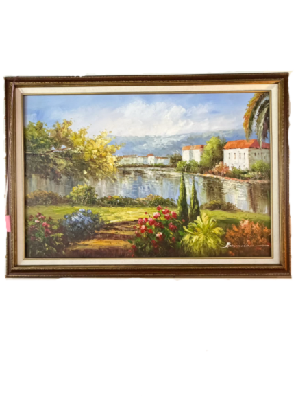 SIGNED Homes By The Lake Painting In Bronze Tone Frame