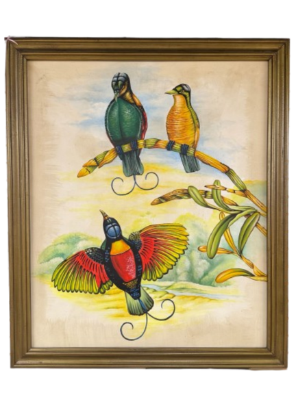 Large Tropical Birds Painting In Wood Frame