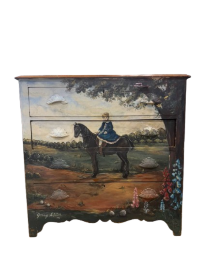 VINTAGE Painted Wood Girl On Horse 3 Drawer Chest
