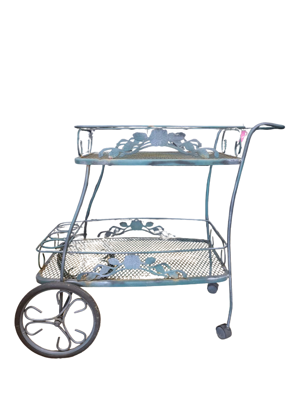 VINTAGE Green Wrought Iron Outdoor 2 Tier Tea Cart w/ Wheels