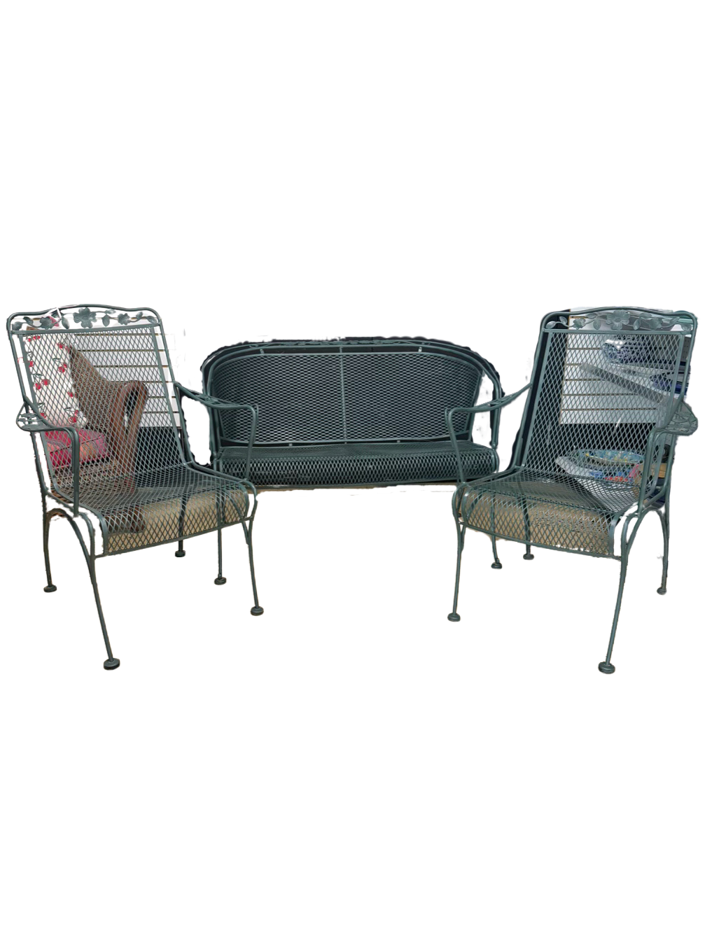 VINTAGE Green Wrought Iron Outdoor Sofa & 2 Chairs Patio Set