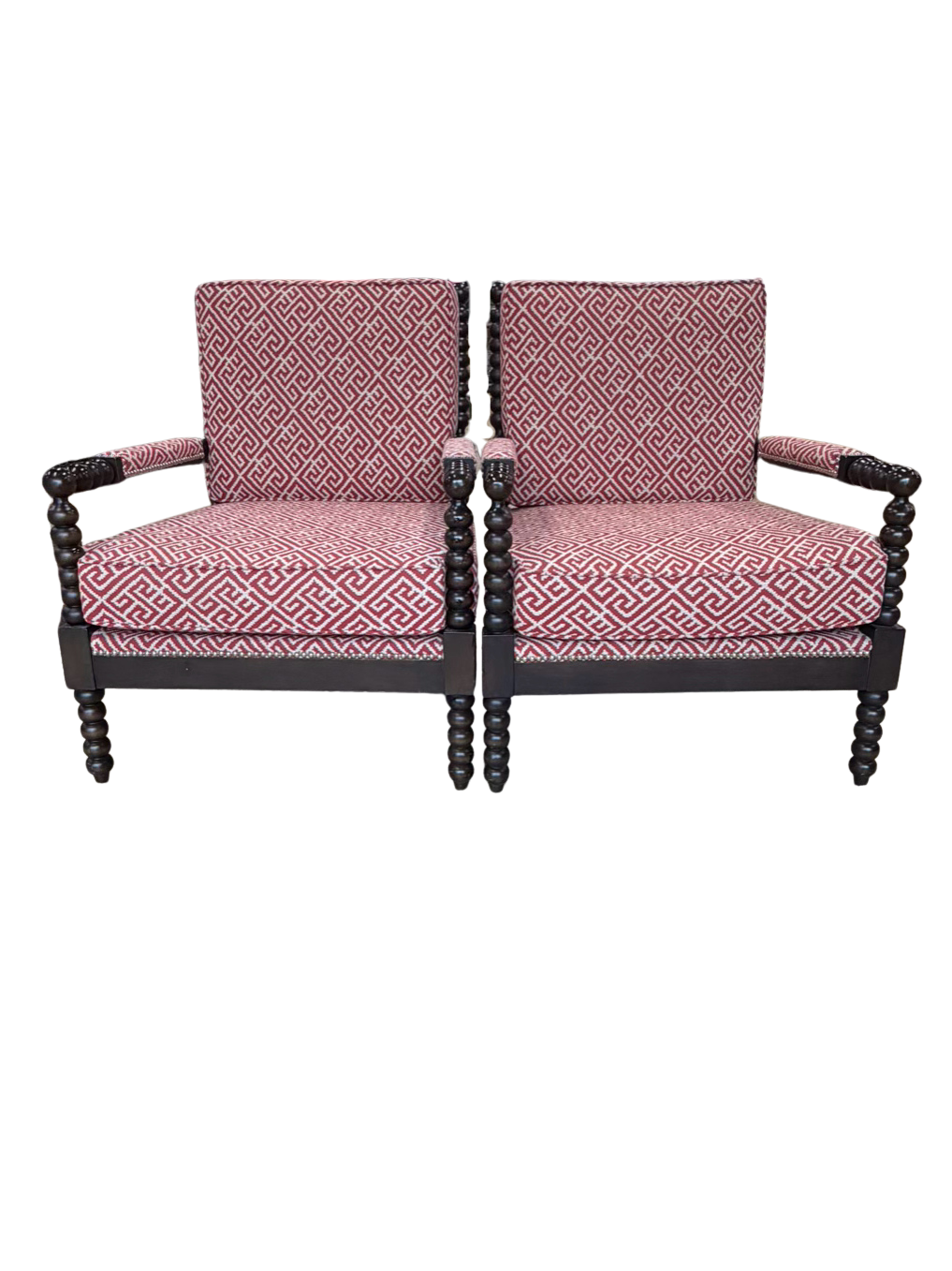 Wood Spindle Pair Of Chairs w/ Rust & White Fabric