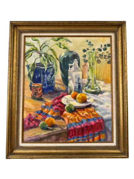 N J Anderson Still Life Stripe Scarf Painting In Brushed Gold Frame
