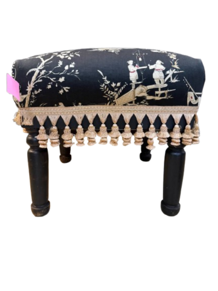 Black, Cream & Pink Wood Oriental Print Stool