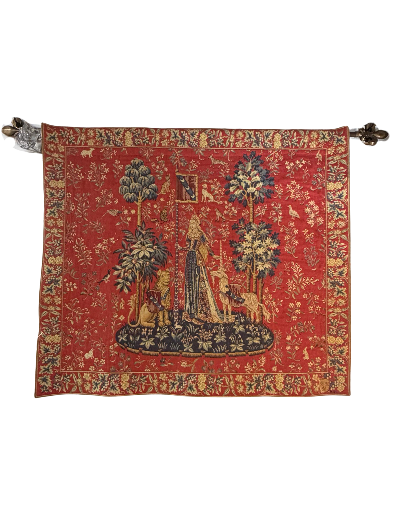 Red & Gold French Lady With Unicorn Fabric Tapestry