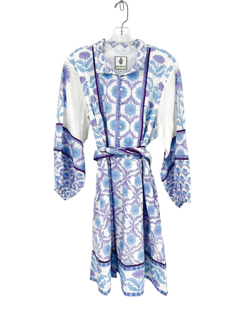 SUE SARTOR Size XL Lavender & Blue Belted Floral Dress NWT