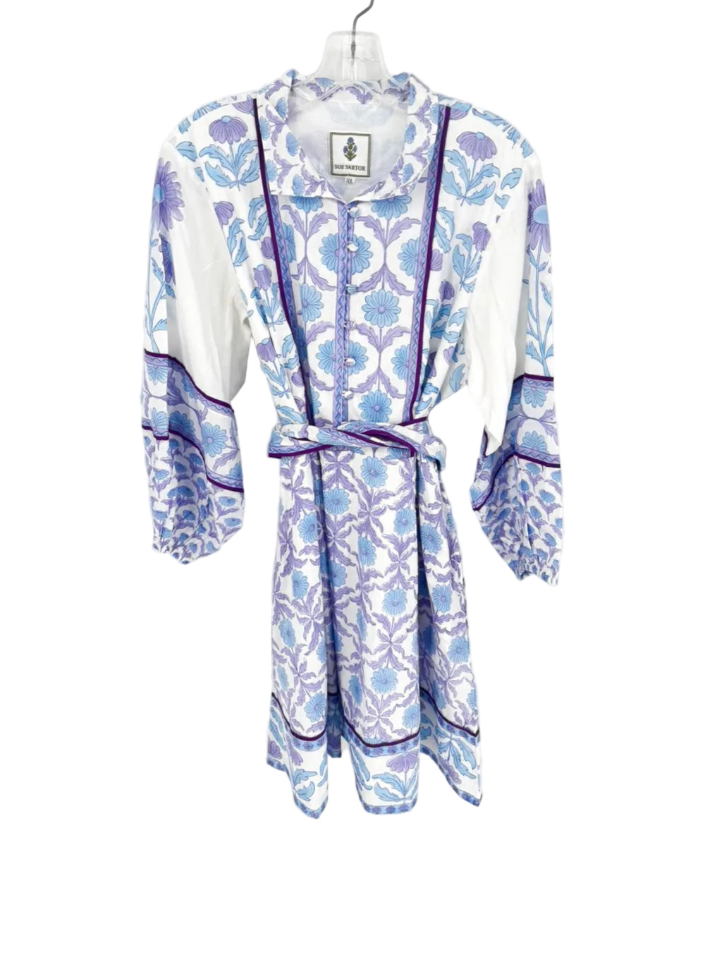 SUE SARTOR Size XL Lavender & Blue Belted Floral Dress NWT