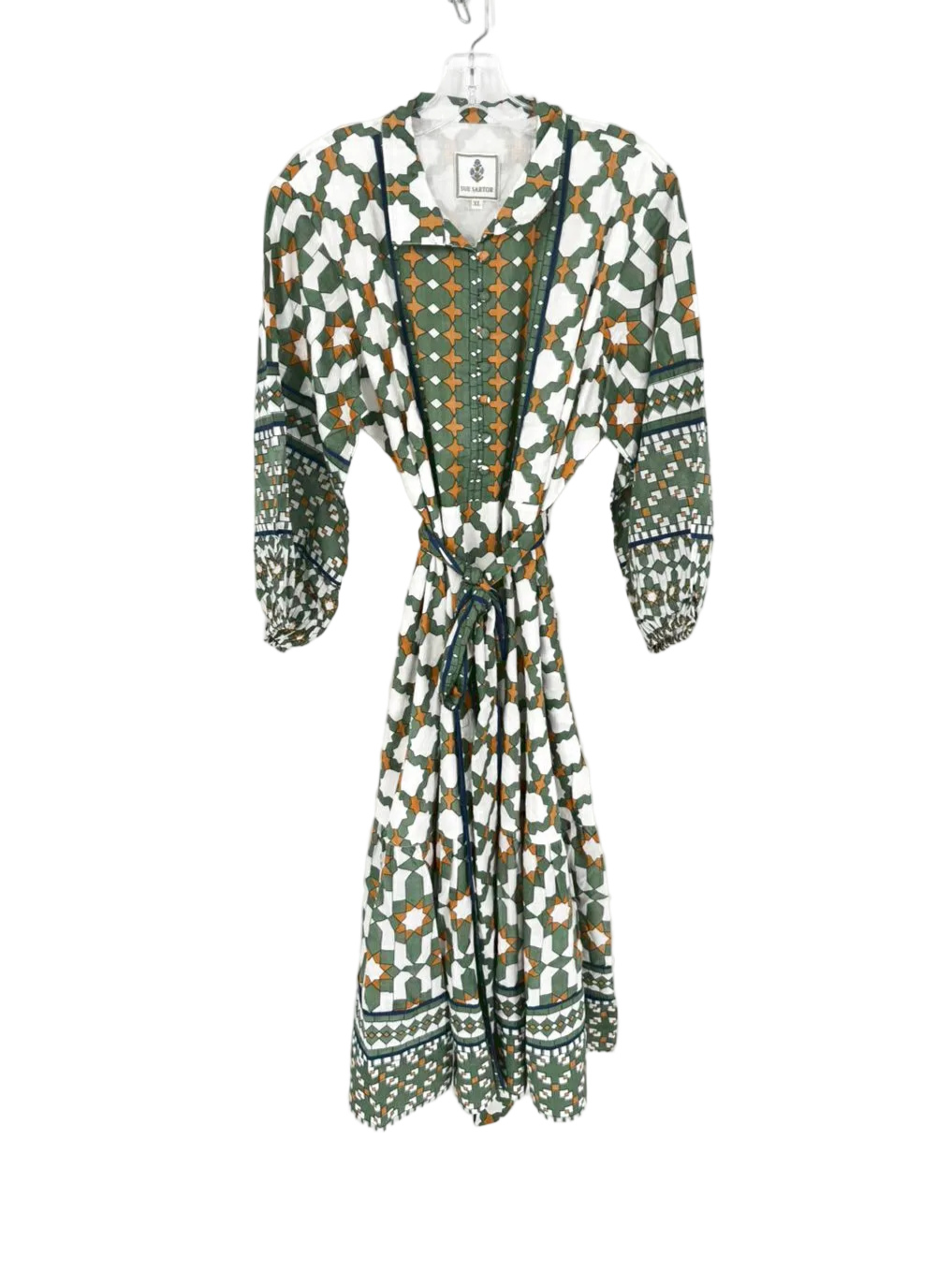 SUE SARTOR Size XL Green & Cream Print Belted Midi-Dress NWT
