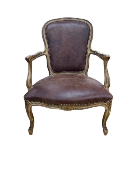 OLD HICKORY TANNERY French Provincial Cream Wood Chair w/ Brown Leather