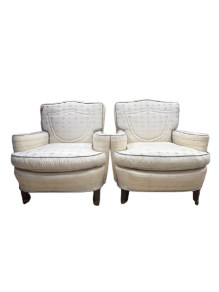VINTAGE French White, Pink & Blue Pair Of Chairs w/ Braid Trim