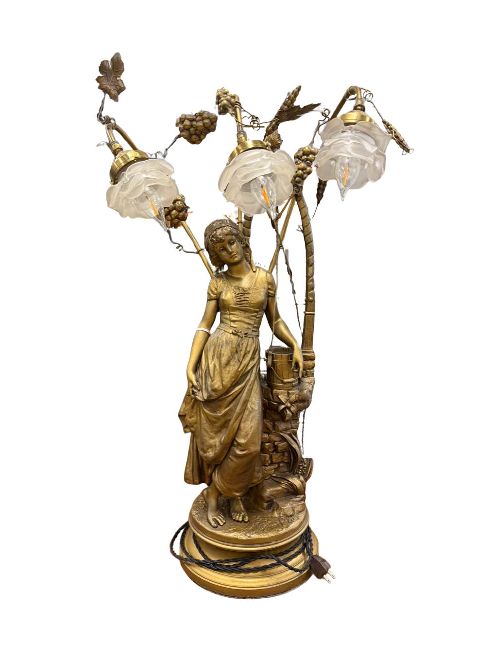 HENRI PLES Art Nouveau Woman by the Well Gold Metal Lamp