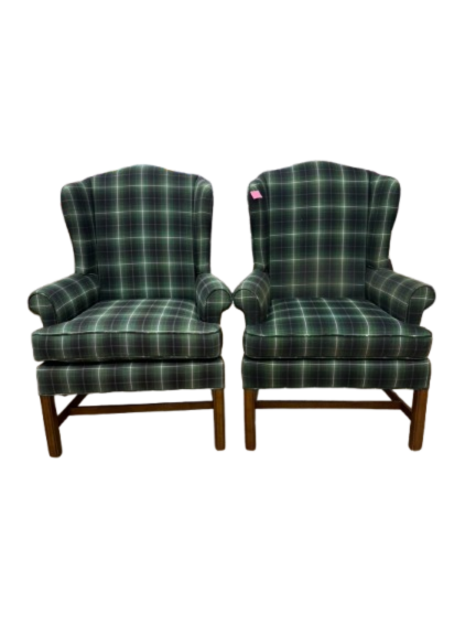 Green & White Plaid Tartan Pair Of Wing Back Chairs