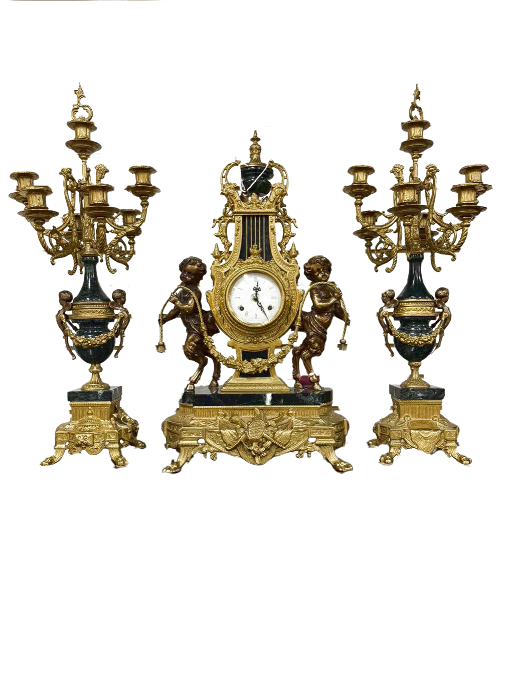 ITALIAN Brass & Marble 3 Piece Clock & Candelabra