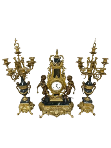ITALIAN Brass & Marble 3 Piece Clock & Candelabra