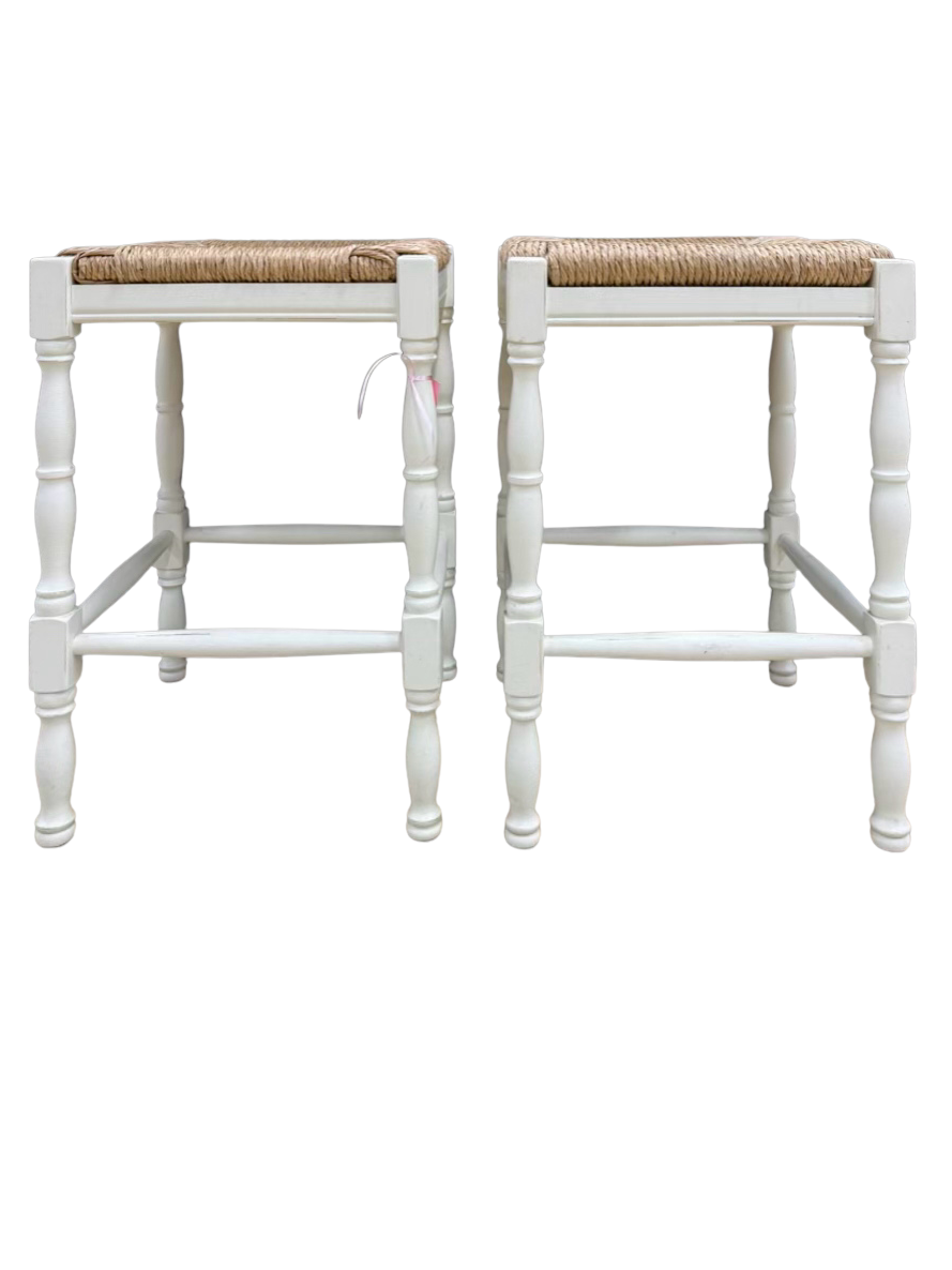 BALLARD DESIGN Cream Wood Pair Of Bar Stools w/ Rush Seats