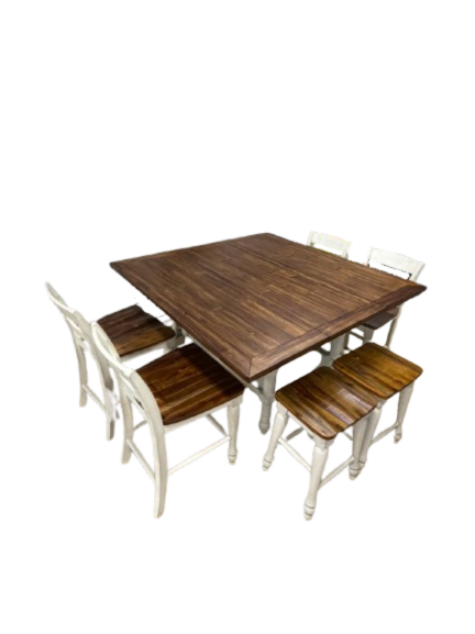 Brown & White Counter Height Wood Dinning Table w/ 4 Barstools & 4 Backed Barstools