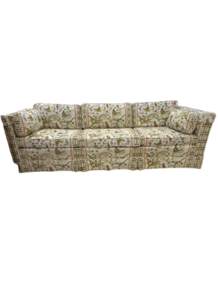 VINTAGE Cream, Gold, Green & Rust Birds Sofa w/ 3 Cushions