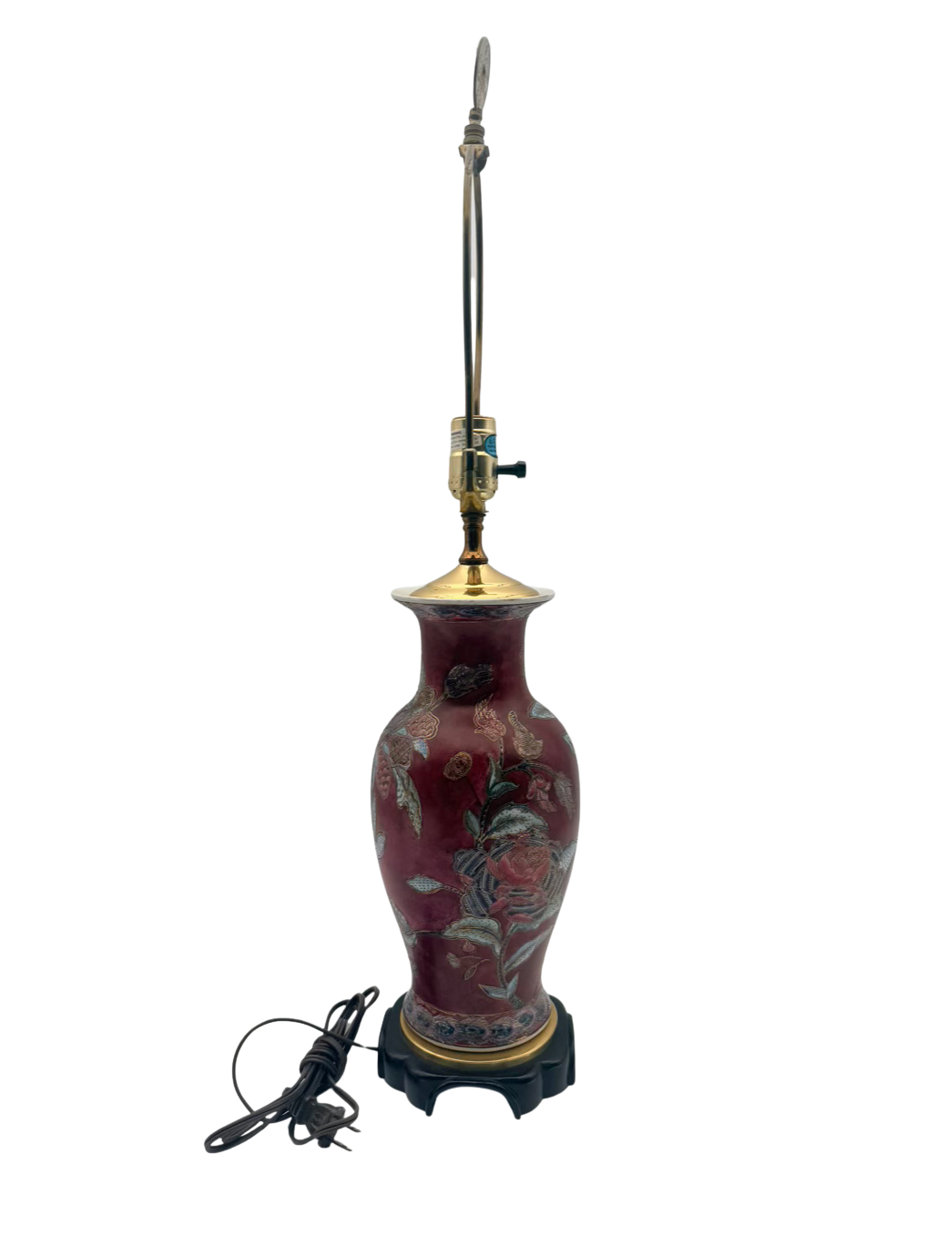 Burgundy & Blue Porcelain Jar Asian Inspired Lamp On Brown Wooden Base