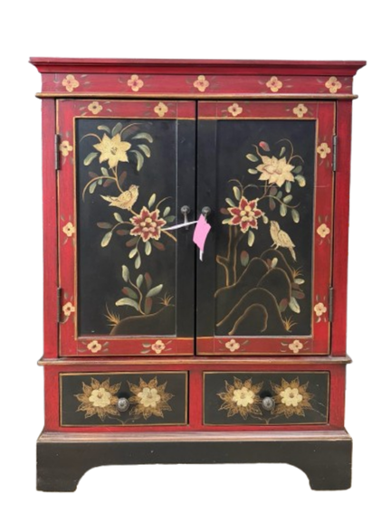 Black & Red Asian Inspired Painted Cabinet w/ 2 Drawers