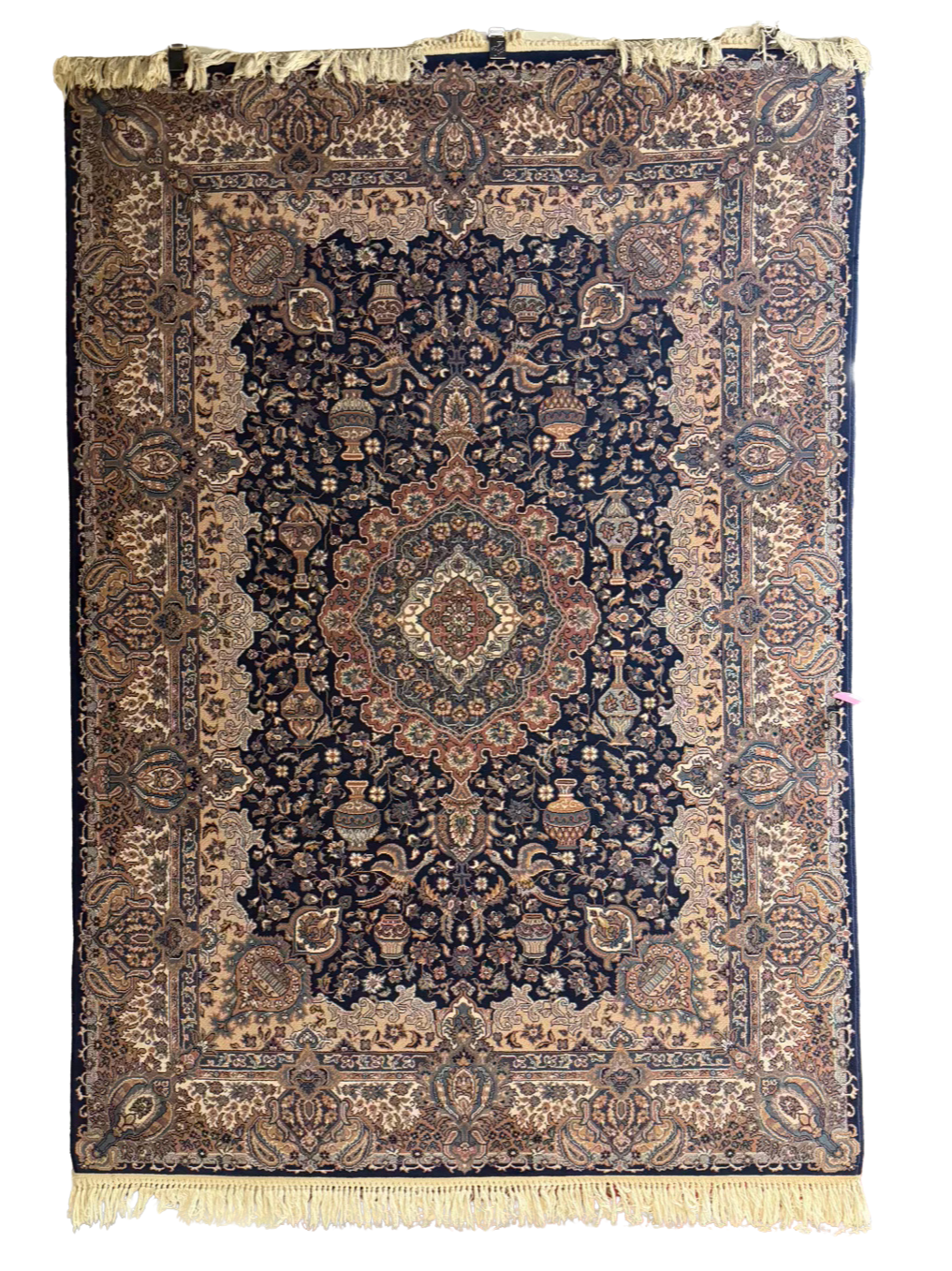KURDAMIR Navy, Salmon Oriental Area Rug w/ Fringe
