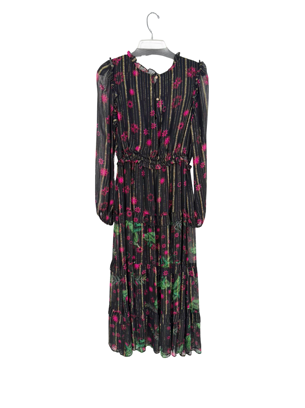 EMILY LOVELOCK Mayene Wmn's Size 8/10 Black & Fuschia Metallic Floral Maxi-Dress NWT