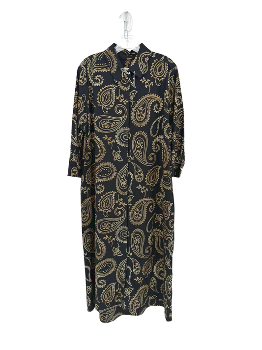 PERLAVERA Size XL Black & Gold Paisley Midi-Dress NWT