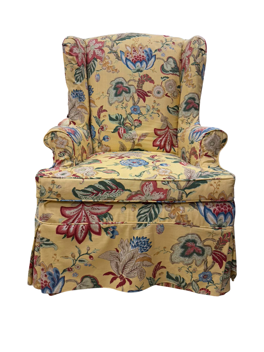 VINTAGE Yellow, Blue, Red & Green Floral Slip Covered Wingback Chair