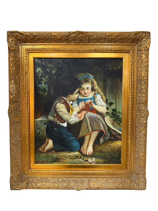 SIGNED The Knitting Lesson Painting In Gold Frame
