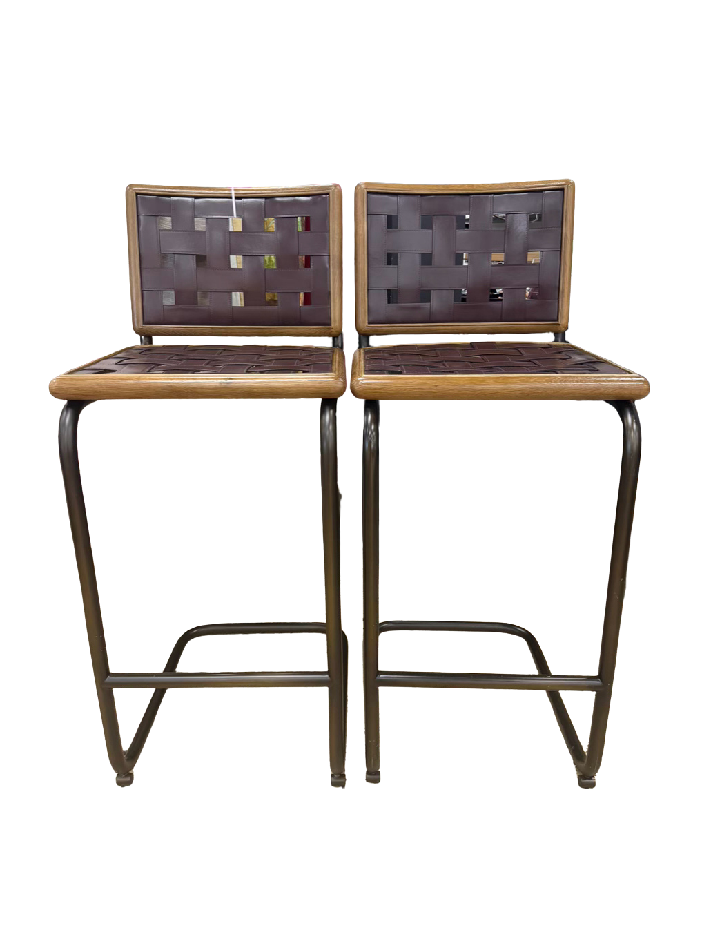 REVIVAL Brown Leather & Metal Pair Of Bar Stools