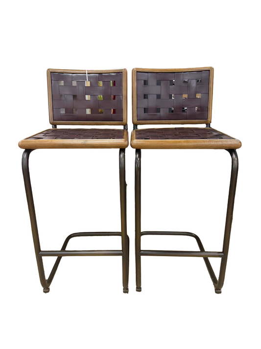 REVIVAL Brown Leather & Metal Pair Of Bar Stools