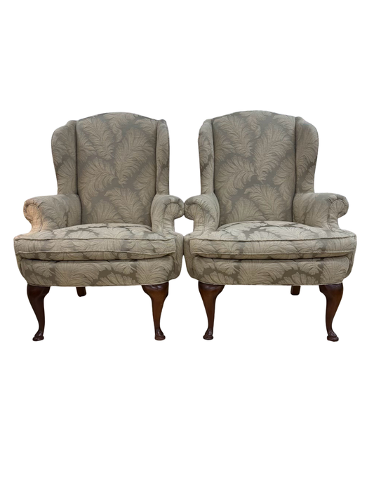 HILDE'S Queen Ann Upholstered Mint Pair Of Wing Back Chairs