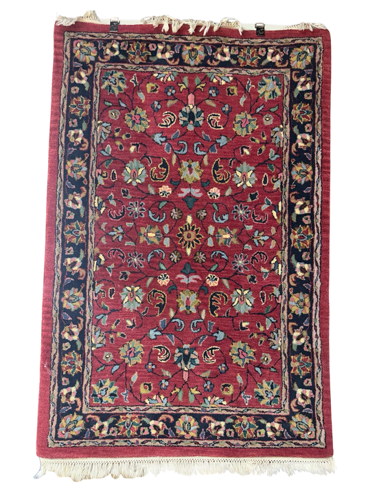 MERIDIAN Oriental Red, Black & Blue Wool Area Rug w/ Fringe